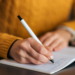 picture of someone's hand with a pen writing on a sheet of paper that's on a table