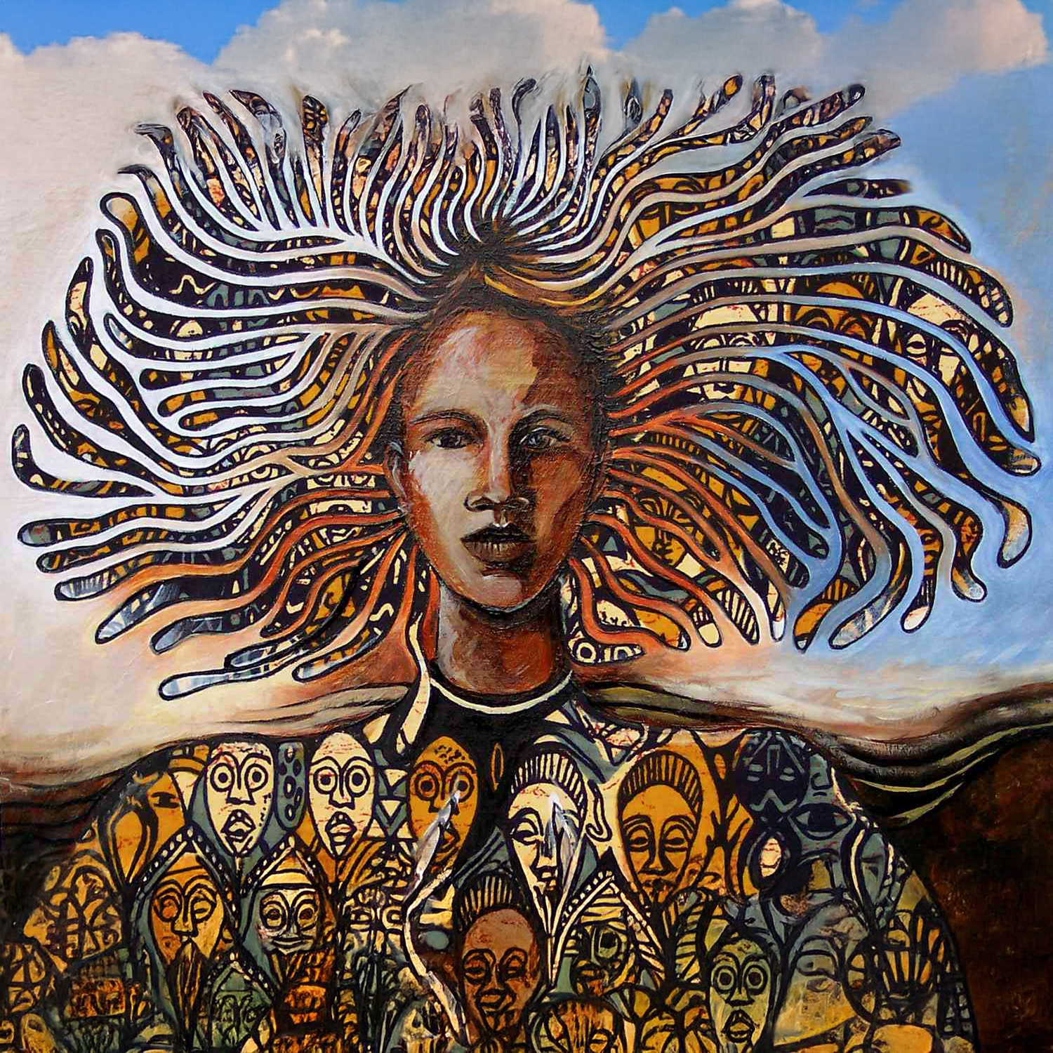 Illustration of a woman with flowing hair and African inspired abstract faces that make up her body and can be seen in the strands of her hair 