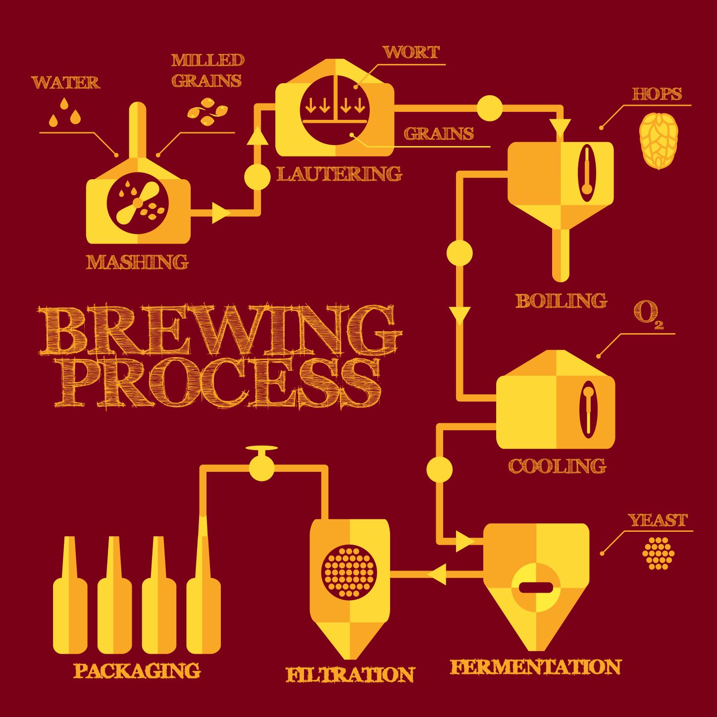 Illustration of the beer brewing process, mashing, lautering(separates the liquid from the spent grain), boiling, cooling, fermentation, filtration, packaging