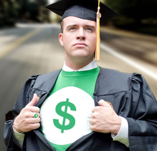 Picture of a student in a graduate gown pulling it open like superman to reveal a superhero suit underneath with a dollar sign logo on his chest