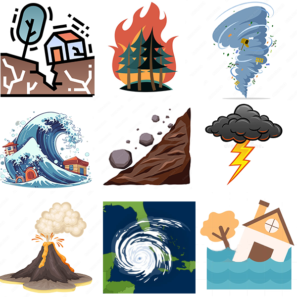 Illustration of natural disasters in a 9 picture grid, from left to right and up to down earthquake, forest fire, tornado, tsunami, rockslide, thunderstorm, volcano, hurricane, flooding