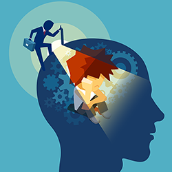 Illustration of a silhouette of a head with a tiny figure of a man perched on top with a flashlight peering inside looking at gears turning.