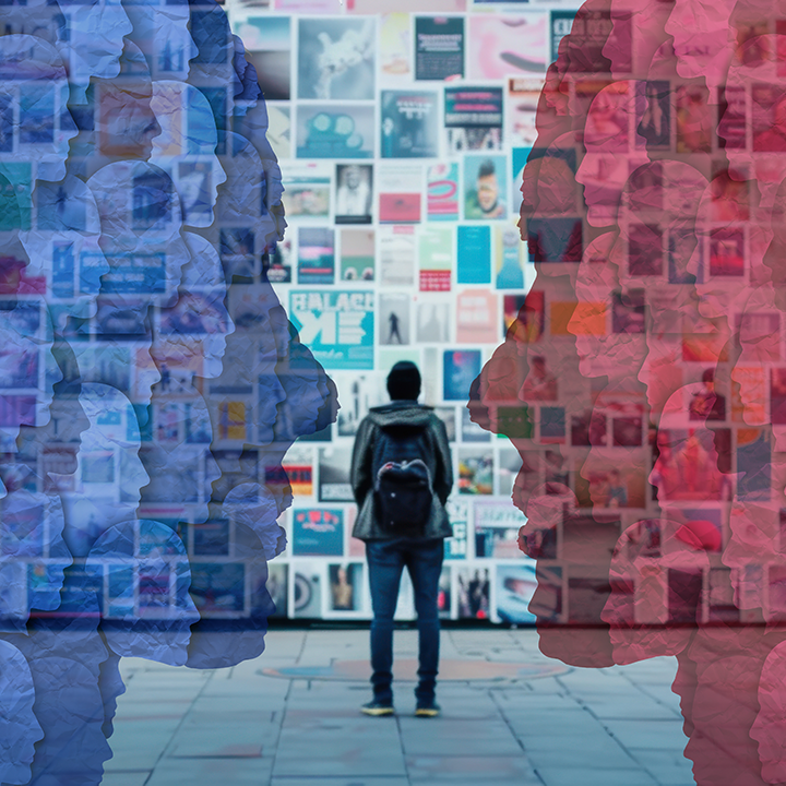 An illustration of a person's silhouette facing a wall of media logos, and flanked by two semi-translucent silhouettes of heads facing each other, one colored blue and the other colored red.