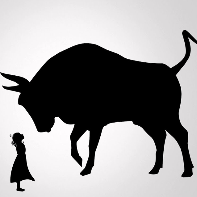 Black silhouettes of a small girl confronting a very large African Buffalo on a grey background