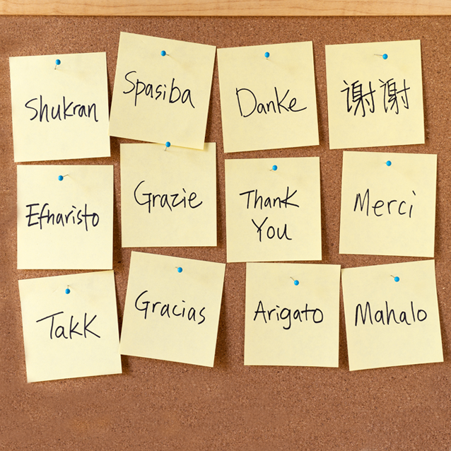 "Thank you" written in different languages on sticky notes that are stuck to a corkboard.