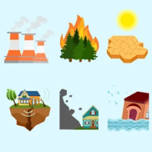 illustrations of natural disasters - power outage, forest fire, drought, earthquake, landslide, flood