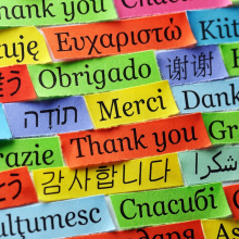Illustration of "thank you" in different languages on small pieces of paper 